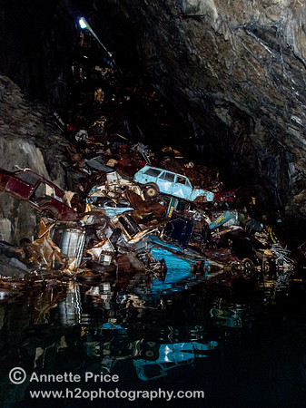 "Car gravewyard" in Gaewern Slate Mine. North Wales, UK