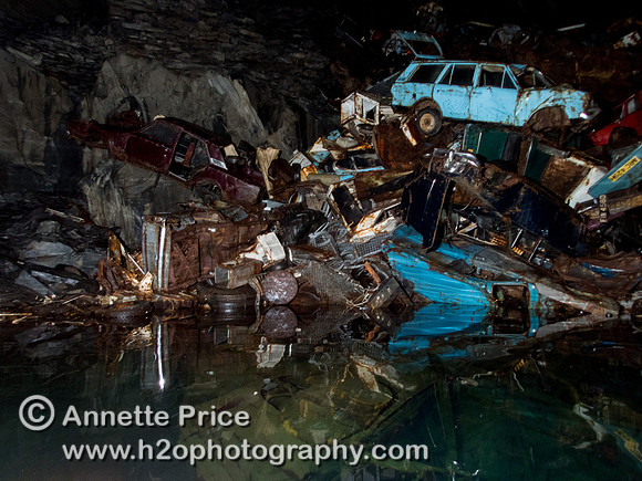 "The Car Graveyard" in Gaewern Slate Mine. North Wales, UK.