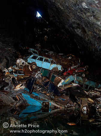 "The Car Graveyard" in Gaewern Slate Mine. North Wales, UK.