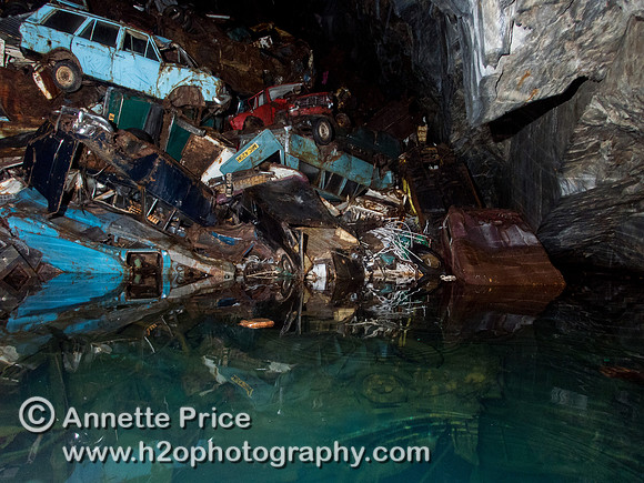 "The Car Graveyard" in Gaewern Slate Mine. North Wales, UK.