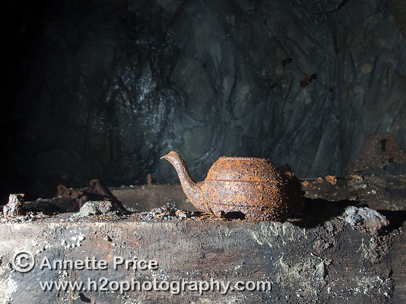 Tea pot left behind by the miners in Gaewern Slate Mine. North Wales, UK