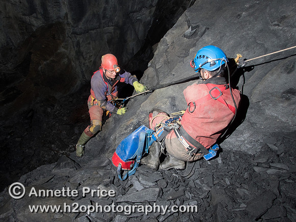 Neil Montgomery (left) prussiking in Gaewern Slate Mine. Peter Hamilton (right)