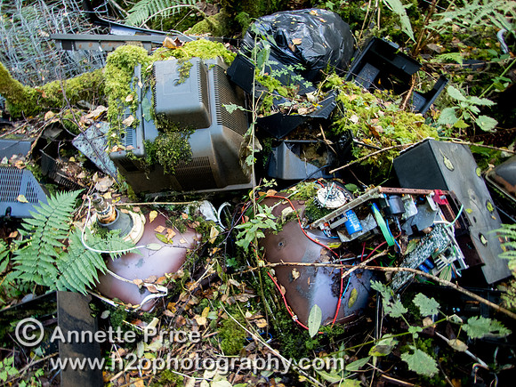 Very old televisions dumped near the entrance to Gaewern Slate Mine. North Wales, UK
