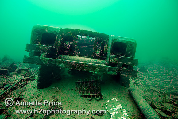 Submerged Series 3 Land Rover at a depth of  22 meters at the Stoney Cove National Diving Center in Leicestershire.