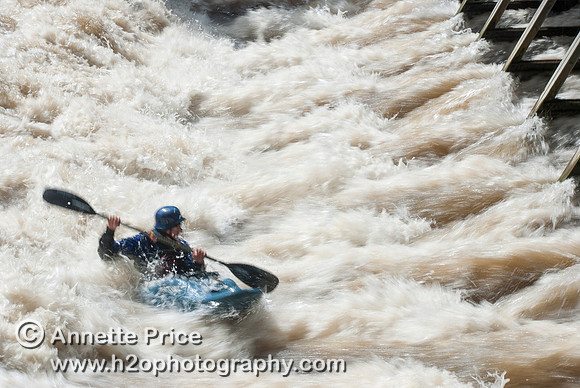 Kayaking on Shepperton Weir, River Thames, UK