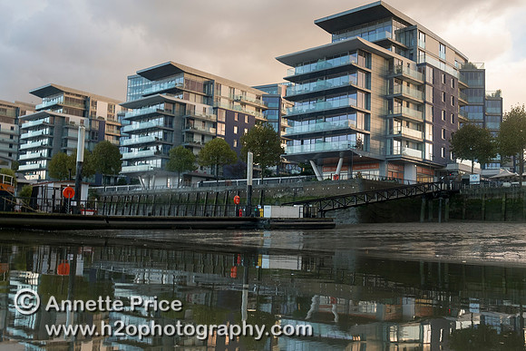 New flats on the south side of the River near Wandsworth. River Thames, London